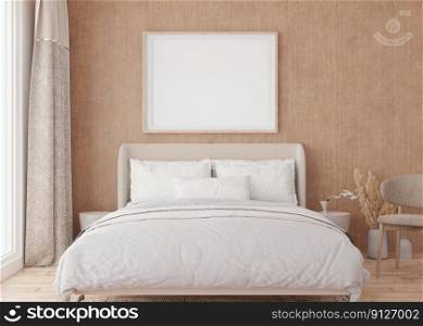 Empty picture frame on wooden wall in modern bedroom. Mock up interior in boho style. Free, copy space for your picture, poster. Bed, window and curtain, pampas grass, parquet floor. 3D rendering. Empty picture frame on wooden wall in modern bedroom. Mock up interior in boho style. Free, copy space for your picture, poster. Bed, window and curtain, pampas grass, parquet floor. 3D rendering.