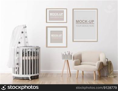 Empty picture frames on the wall in modern child room. Frames mock up in contemporary style. Copy space for your picture, poster. Baby bed, armchair. Cozy room for kids. 3D rendering. Empty picture frames on the wall in modern child room. Frames mock up in contemporary style. Copy space for your picture, poster. Baby bed, armchair. Cozy room for kids. 3D rendering.