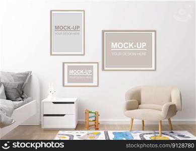 Empty picture frames on the wall in modern child room. Frames mock up in contemporary style. Copy space for your picture, poster. Bed, armchair, toys. Cozy room for kids. 3D rendering. Empty picture frames on the wall in modern child room. Frames mock up in contemporary style. Copy space for your picture, poster. Bed, armchair, toys. Cozy room for kids. 3D rendering.