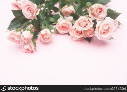 empty pink paper sheet and buds of pink roses, festive background, copy space.. empty pink paper sheet and buds of pink roses, festive background, copy space