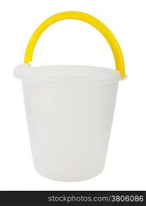 Empty plastic bucket with yellow handle isolated on white background