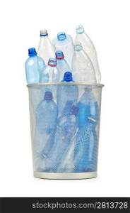Empty plastic water bottles on white
