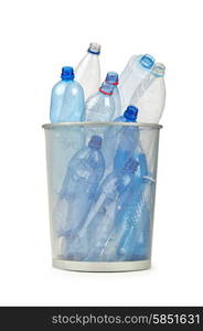Empty plastic water bottles on white