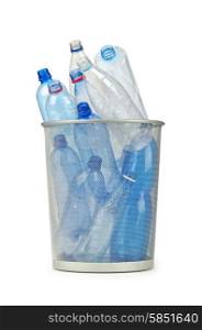 Empty plastic water bottles on white