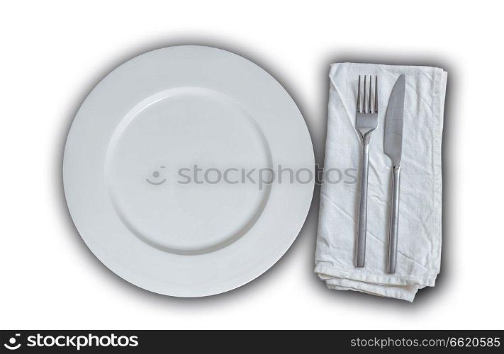 Empty plate with cutlery isolated concept.. Empty plate with cutlery isolated concept