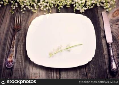 empty plate with iron vintage cutlery, top view, vintage toning