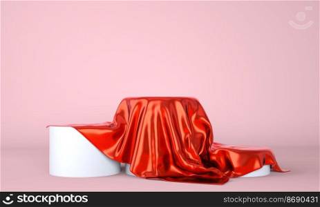 Empty podium covered with red cloth. 3d.. Empty podium covered with red cloth. 3d illustration