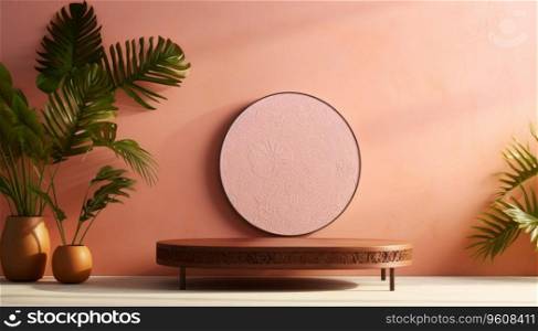Empty podium for show product with green Monstera and palm leaves on orange background