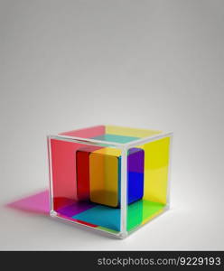 Empty podium pedestal multicolored transparent cube for product presentation. Header banner mockup with copy space. AI generated.. Empty podium pedestal multicolored transparent cube for product presentation. AI generated.