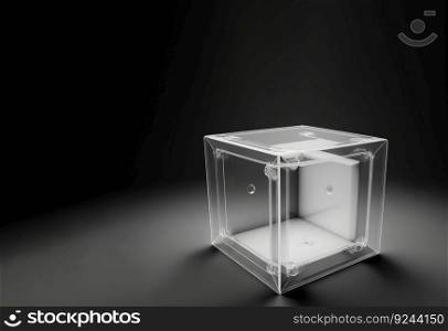 Empty podium pedestal transparent cube for product presentation, dark background. Header banner mockup with copy space. AI generated.. Empty podium pedestal transparent cube for product presentation, dark background. AI generated.
