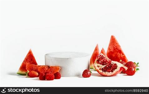 Empty podium with red fruits at white background. Stage for your product with watermelon slices, pomegranate seeds, raspberries, strawberries and grapefruit. Front view with copy space.