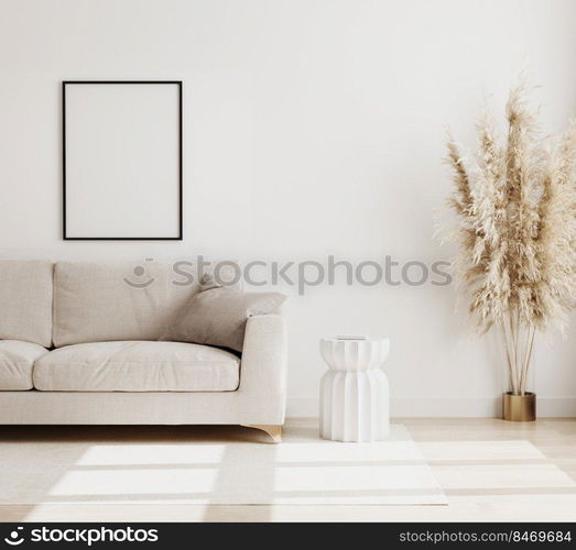 Empty Poster frame mock up  in modern living room interior background in biege colours, sofa with coffee table and dried flowers on wooden floor, scandinavian style, 3d rendering