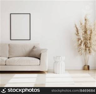 Empty Poster frame mock up  in modern living room interior background in biege colours, sofa with coffee table and dried flowers on wooden floor, scandinavian style, 3d rendering