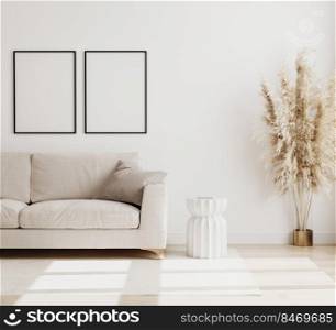 Empty Poster frame mock up  in modern living room interior background in biege colours, sofa with coffee table and dried flowers on wooden floor, scandinavian style, 3d rendering