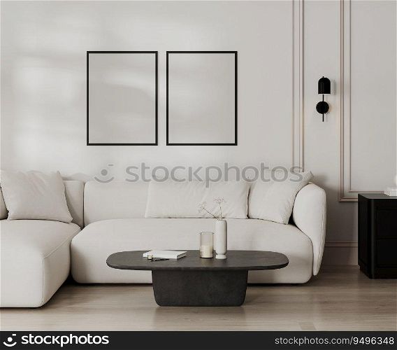 empty poster frame mock up in modern living room with white sofa and wall with moldings, black and white french style, 3d render