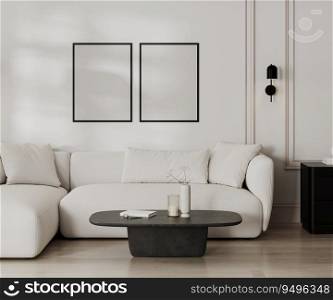 empty poster frame mock up in modern living room with white sofa and wall with moldings, black and white french style, 3d render