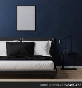 empty poster frame mock up on dark blue wall with bed with white and blue pillows, 3d rendering