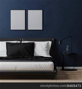 empty poster frame mock up on dark blue wall with bed with white and blue pillows, 3d rendering