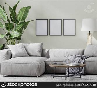 empty poster frames in modern room with gray sofa and coffee table and tropical plant, 3d rendering