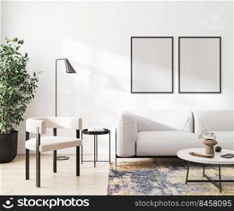 empty poster frames mockup in modern living room interior background, 3d rendering