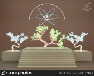 Empty product staircase showcase platform podium with illuminate Japanese bonsai tree and arch neon light tube 3D rendering illustration