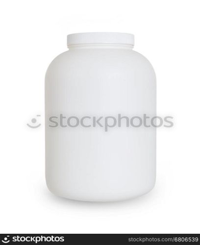 Empty protein powder container, isolated on white