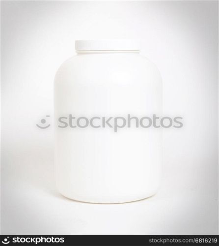 Empty protein powder container, isolated on white