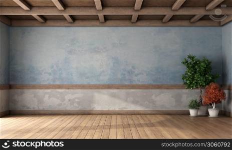 Empty retro room with old blue walls , wooden ceiling and house plants - 3d rendering. Empty retro room with old walls and wooden ceiling