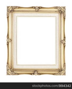 Empty rich gold gilded wood with inner canvas vintage frame on white background.