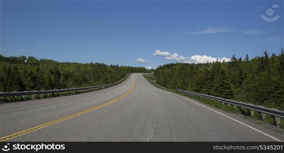 Empty road amidst trees in forest, Frankville, Cape Breton Island, Nova Scotia, Canada