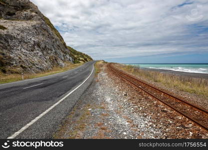 Empty road and railway track in New Zealand