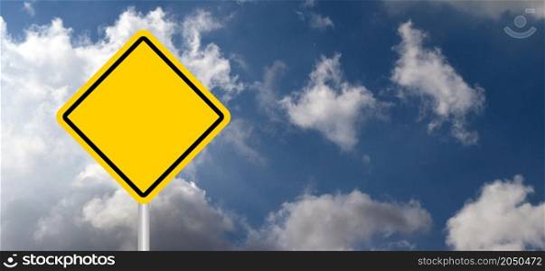 Empty road sign on blue Sky. Direction traffic yellow rhombus, square signs board. Flat vector pictogram. Forbid warning, allowed area pictogram. Construction caution signal icon.
