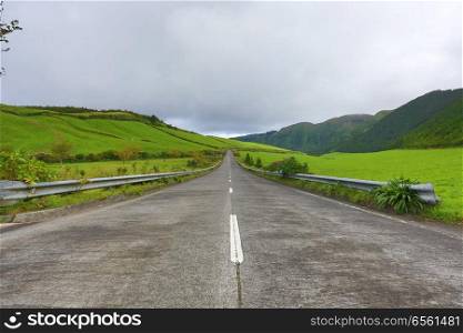 Empty roads in the countryside on the island of Saint Michael  Sao Miguel  in the Azores, Portugal