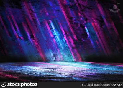 Empty room background for product placement or showcase with concrete pavement. Blue and pink neon light. Smoke, fog, damp asphalt with reflection of the lights.
