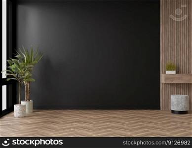 Empty room, black wall and parquet floor. Indoor plants. Mock up interior. Free, copy space for your furniture, picture and other objects. 3D rendering. Empty room, black wall and parquet floor. Indoor plants. Mock up interior. Free, copy space for your furniture, picture and other objects. 3D rendering.