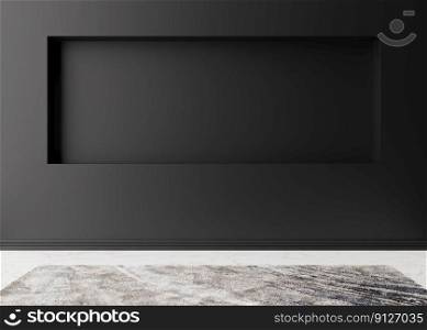 Empty room, black wall and white marble floor with carpet. Only wall and floor. Mock up interior. Free, copy space for your furniture, picture and other objects. 3D rendering. Empty room, black wall and white marble floor with carpet. Only wall and floor. Mock up interior. Free, copy space for your furniture, picture and other objects. 3D rendering.