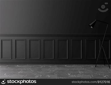 Empty room, black wall with moldings and grey stone floor. Only wall, floor and l&. Mock up interior. Free, copy space for your furniture, picture and other objects. 3D rendering. Empty room, black wall with moldings and grey stone floor. Only wall, floor and l&. Mock up interior. Free, copy space for your furniture, picture and other objects. 3D rendering.