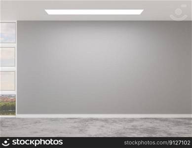 Empty room, concrete floor and gray wall. Only wall and floor. Mock up interior. Panoramic window. Free, copy space for your furniture, picture, decoration and other objects. 3D rendering. Empty room, concrete floor and gray wall. Only wall and floor. Mock up interior. Panoramic window. Free, copy space for your furniture, picture, decoration and other objects. 3D rendering.