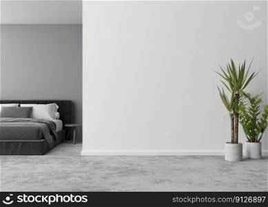 Empty room, concrete floor and light gray wall. Bed, plant. Mock up interior. Free, copy space for your furniture, picture, decoration and other objects. 3D rendering. Empty room, concrete floor and light gray wall. Bed, plant. Mock up interior. Free, copy space for your furniture, picture, decoration and other objects. 3D rendering.
