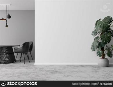 Empty room, concrete floor and light gray wall. Table with chairs, monstera plant. Mock up interior. Free, copy space for your furniture, picture, decoration and other objects. 3D rendering. Empty room, concrete floor and light gray wall. Table with chairs, monstera plant. Mock up interior. Free, copy space for your furniture, picture, decoration and other objects. 3D rendering.