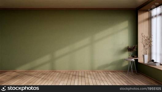 Empty room - green wall on wood floor interior and decorations plants. 3D rendering