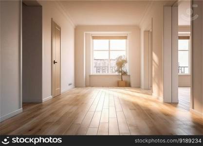 Empty room in a bright clean interior , White empty room with wooden floor , Generate Ai