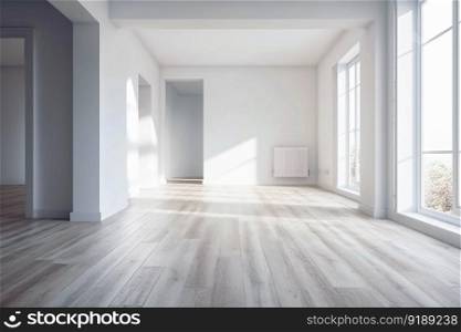 Empty room in a bright clean interior , White empty room with wooden floor , Generate Ai