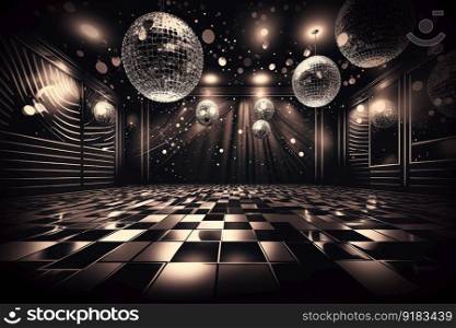 empty room in club with lights and disco balls after party, created with generative ai. empty room in club with lights and disco balls after party