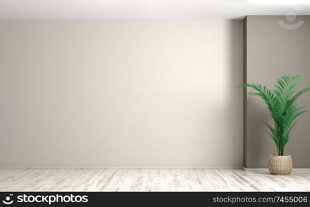 Empty room interior background, basket plant pot with palm over beige wall 3d rendering