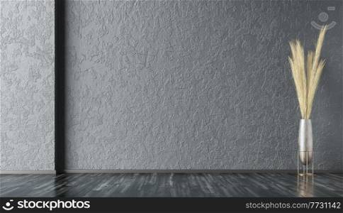 Empty room interior background, dark gray stucco wall with copy space and black wooden floor, pot with plant 3d rendering