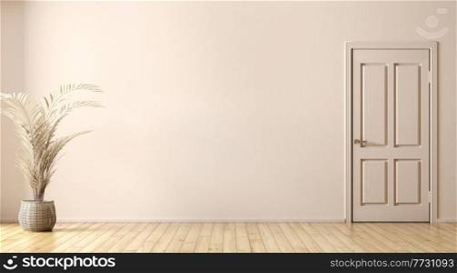 Empty room interior background, door, beige wall, vase with branch on the yellow parquet flooring 3d rendering