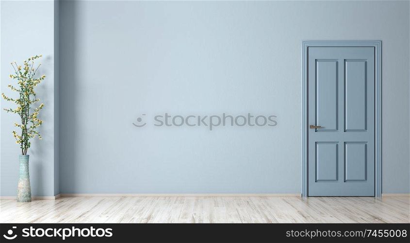 Empty room interior background, door over blue wall and vase with flower branch 3d rendering