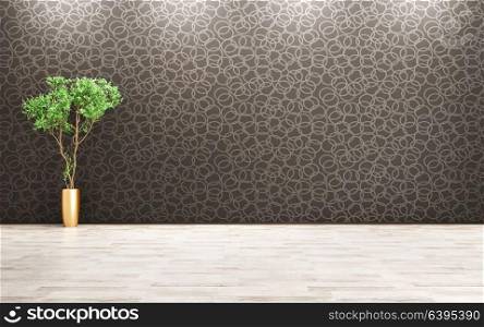 Empty room interior background, houseplant on the parquet floor over black wall 3d rendering