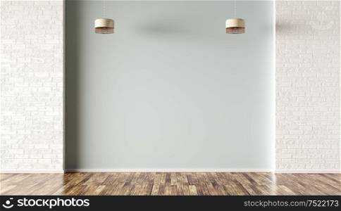 Empty room interior background, light green and white brick wall and lamps 3d rendering